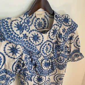 Sezane Blue and Cream Embroidered Blouse